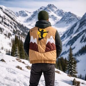 Vtg 70s St Moritz Down Puffer Vest Brown Skier Mountain Graffics Size Mens Small